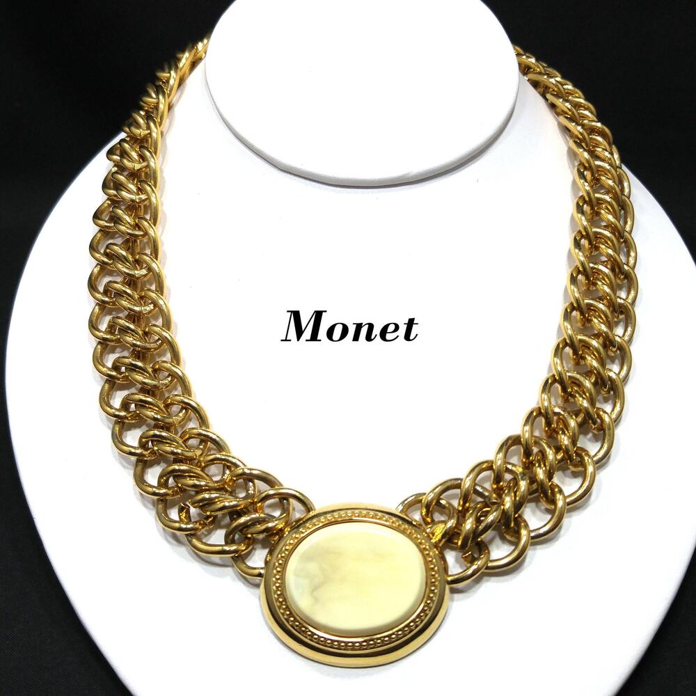 Vintage Monet Necklace, Faux Stone Lucite Pendant, 22K Gold Plated 1980s Vintage